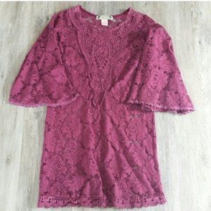 Flying Tomato Womens Purple Sheer Lace Bell Sleeve Tunic Top S Swim Coverup